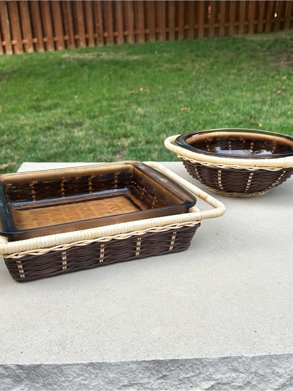 Set of 2 Vintage Pyrex Baking Dishes with Wicker Baskets Handles